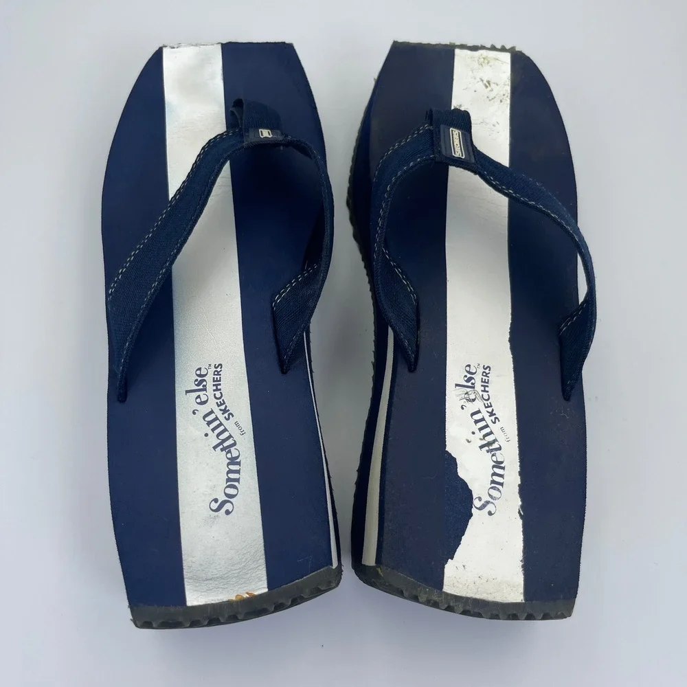 Somethin Else‎ Skechers Platform Flip Flops Womens 10 Navy Good Y2K Chunky